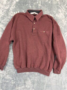 LD Sport Mens XL Maroon Textured Cotton Blend Pullover Long Sleeve Polo Shirt